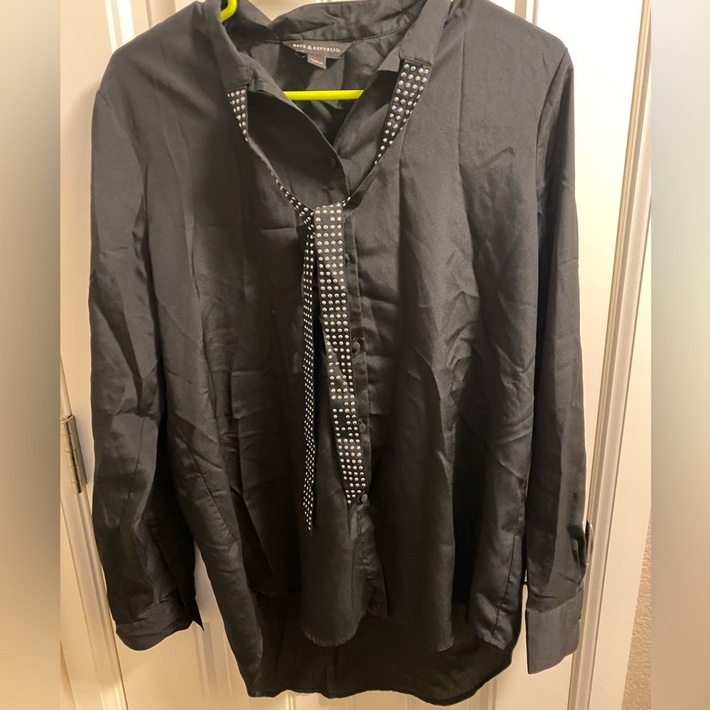 Rock Republic Blouse Black Button Front Rhinestone Tie Long Sleeve Top Large Lg